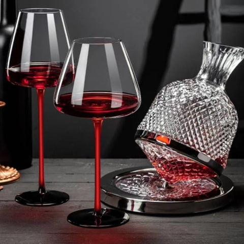 Rotating Decanter Set With 2 Bordeaux Red Wine Glasses