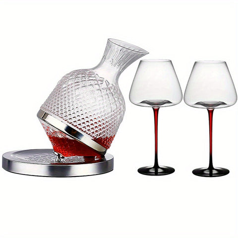 Rotating Decanter Set With 2 Bordeaux Red Wine Glasses