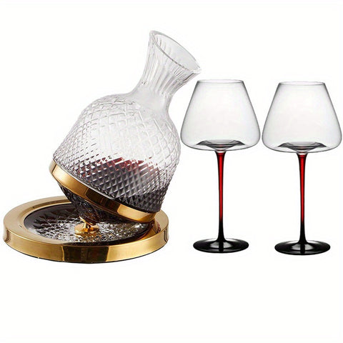 Rotating Decanter Set With 2 Bordeaux Red Wine Glasses