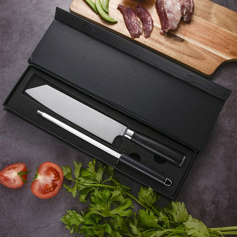 Chef Knife by Gidli - Includes Sharpening Rod as a Bonus - 8" Professional Kitchen Knife (German Carbon Stainless Steel) with Wooden Handle - Durable, Sharp Meat Knife