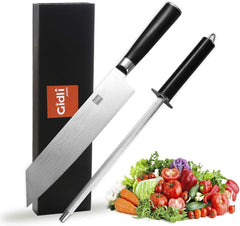 Chef Knife by Gidli - Lifetime Replacement Warranty - Includes Sharpening Rod as a Bonus - 8" Professional Kitchen Knife (German Carbon Stainless Steel) with Wooden Handle - Durable, Sharp Meat Knife